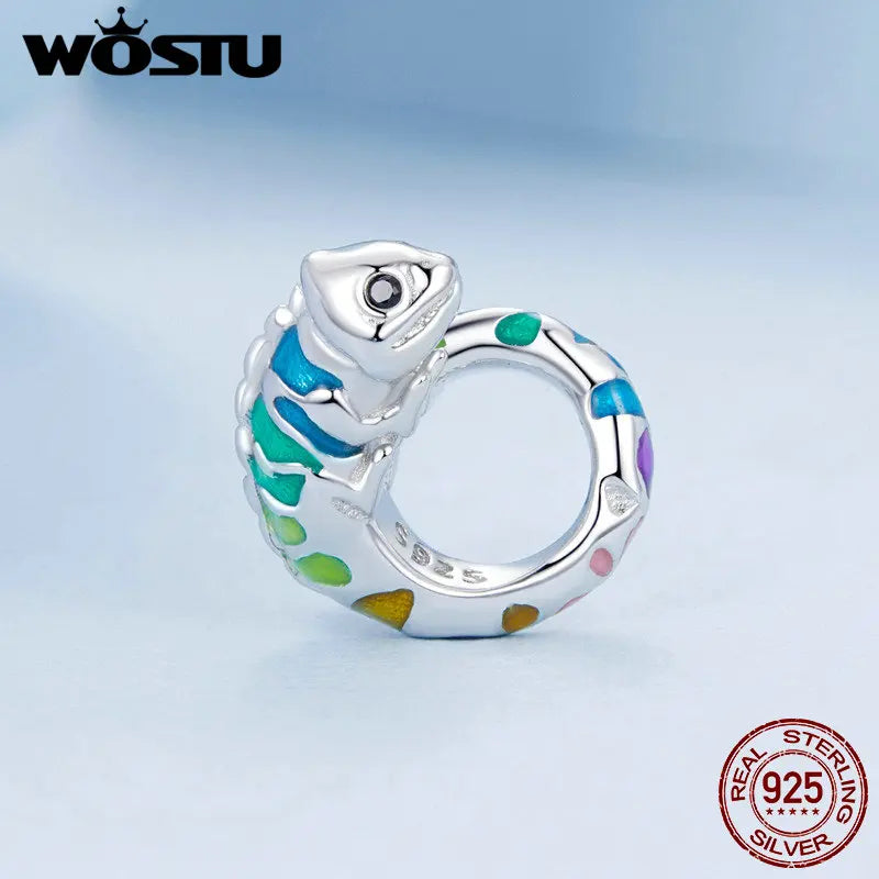 WOSTU Real 925 Sterling Silver Rainbow Color Chameleon Charms Animal Bead Fit Original Bracelet DIY Necklace Jewelry Making Gift