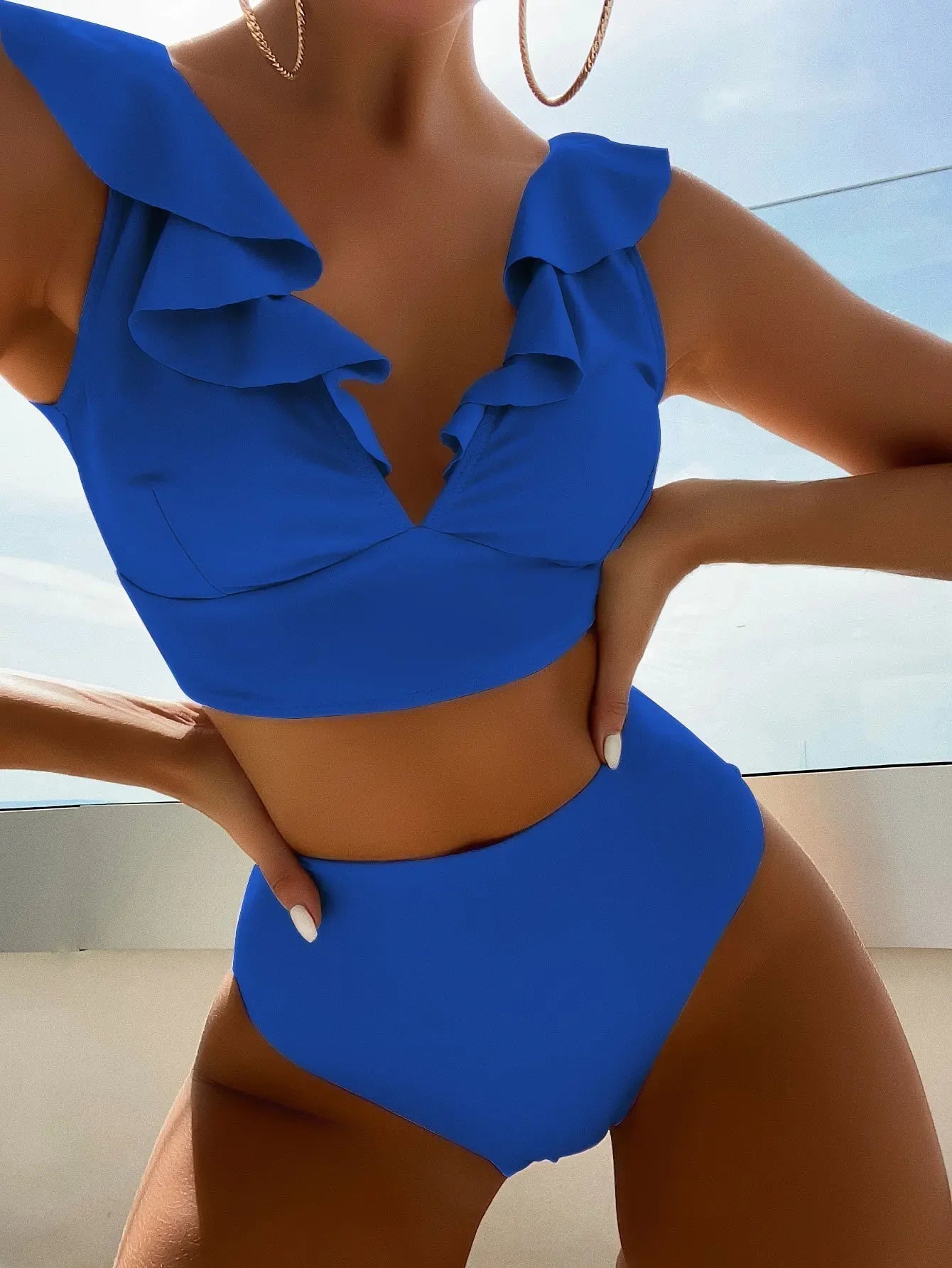 Solid Color Sexy V-neck Ruffle Bikini 2024 Women 2 Piece Swimwear Push Up Padded High Waist Swimsuit Summer Beach Bathing Suit
