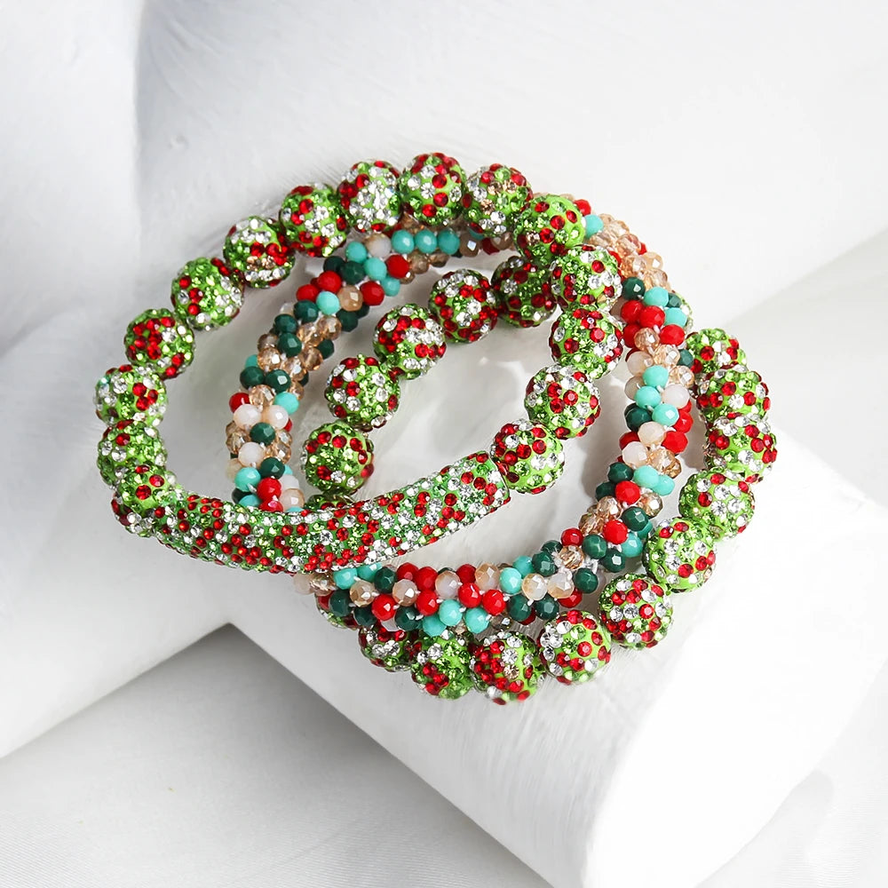 New American Independence Day 3pcs Stack Bracelet Set 10mm Red White Blue Mixed Rhinestone Ball Glass Beaded Elastic Bracelet