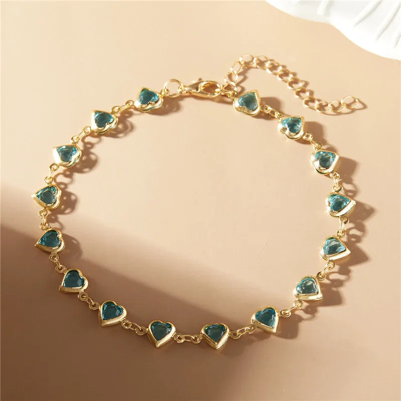 Exquisite Boho Candy Color Heart Shaped Crystal Bracelet for Women Fashion Charm Zircon Butterfly Pearl Metal Chain Bracelets