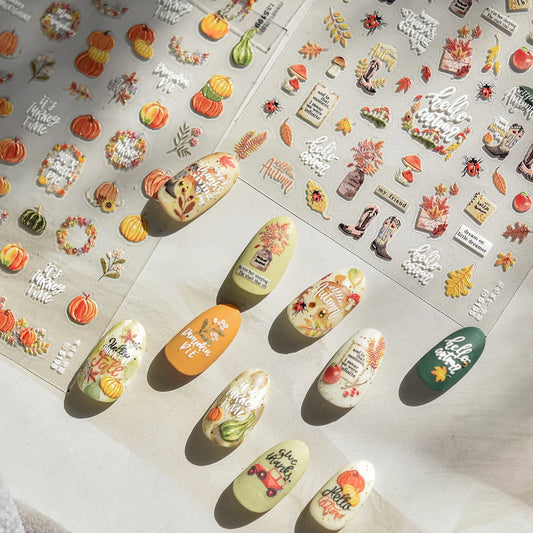 Classic Red Maple Leaves Golden Ginkgo Autumn Harvest 5D Nail Art Sticker Cute Pumpkins Ladybug Mushrooms Adhesive Manicure Deca