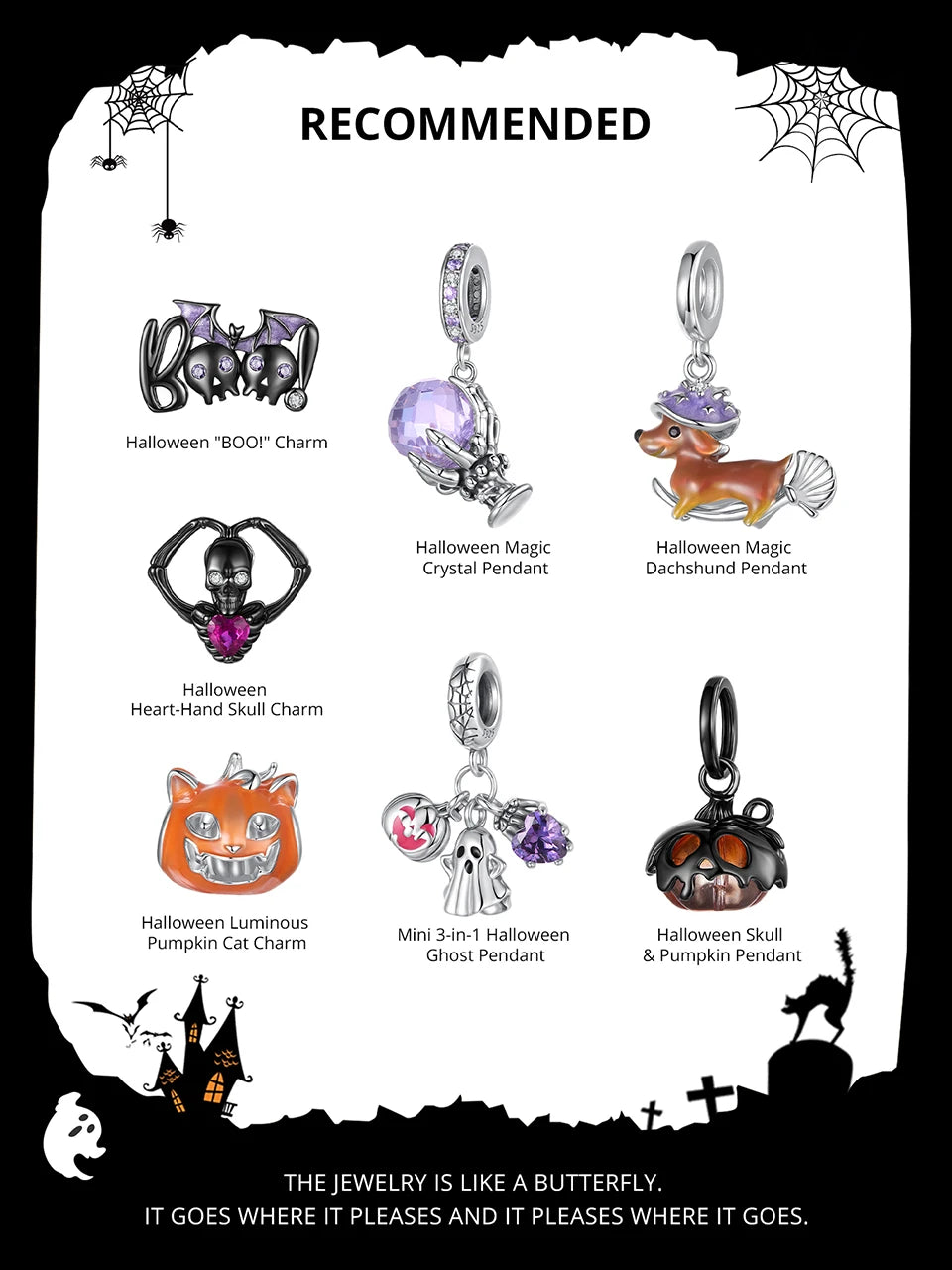 BISAER 925 Sterling Silver Halloween Skull & Pumpkin Charm Bead Pumpkin Cat Magic Crystal Pendant for Women DIY Bracelet Jewelry