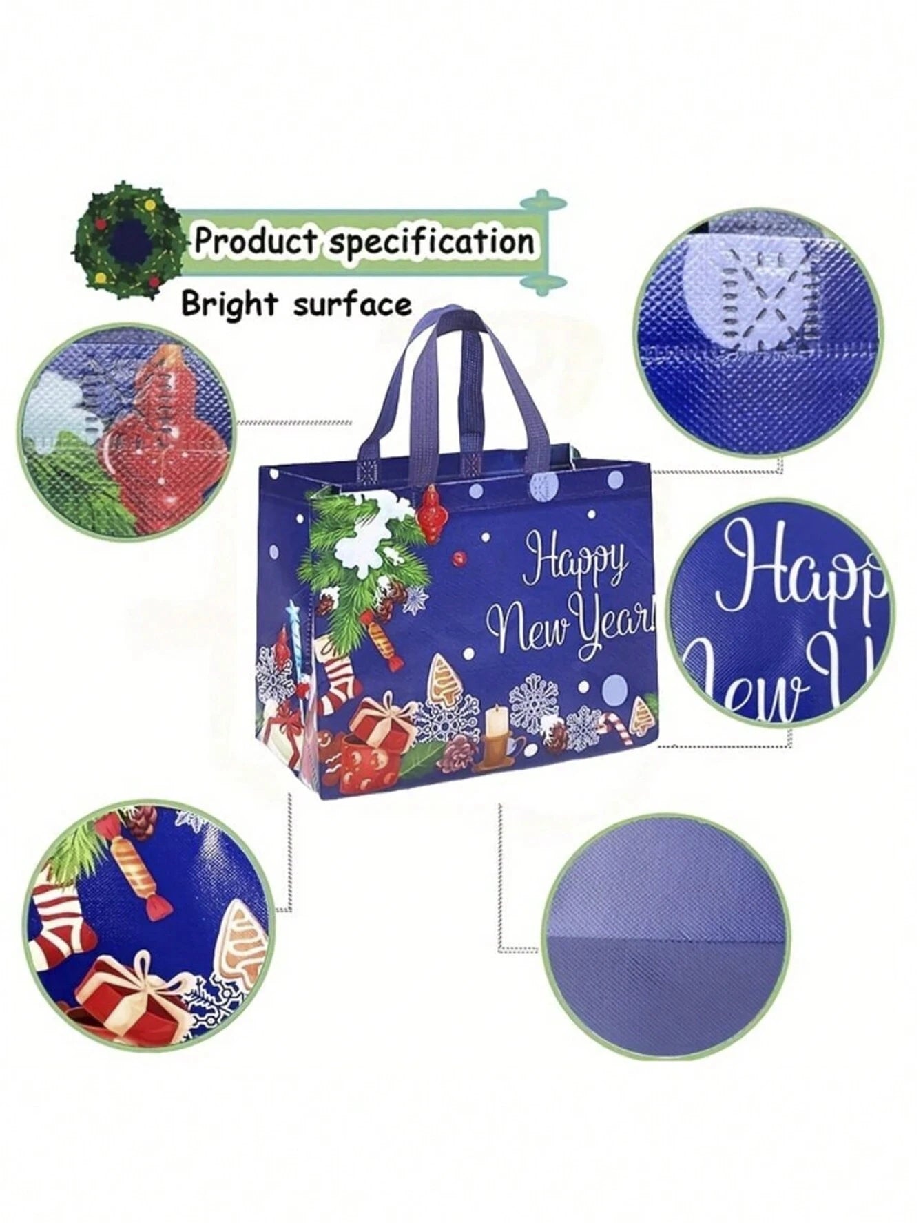 4/6PCS Large Capacity Christmas Tote Bag Portable Folding Reusable Christmas Gift Packaging Bag Foil Stamping Xmas Non-Woven Bag