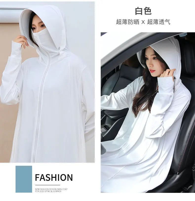 Sunscreen Sun Protection Long Coat Hooded Washable Ruffles Adjustable Waist Beach Anti-UV Dress For Women UPF50+ Long Coat 5XL
