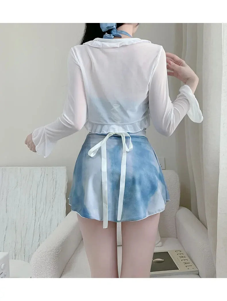 New Tenderness Sweet Cute Blue Halter Bikinis Swimsuit Aesthetics Fashions Slim Onsen Conservative Swimwear Bikinis Set