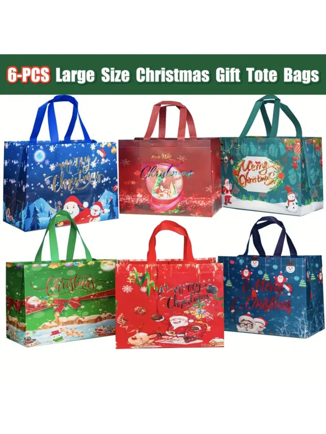 4/6PCS Large Capacity Christmas Tote Bag Portable Folding Reusable Christmas Gift Packaging Bag Foil Stamping Xmas Non-Woven Bag