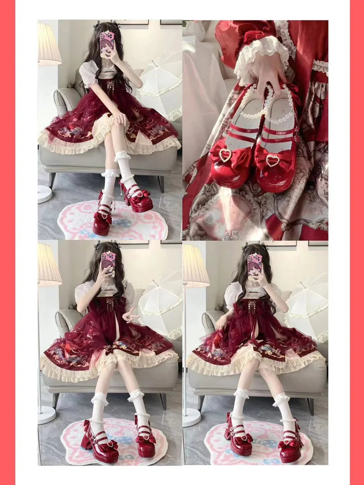 Lolita Shoes New Japanese Cute Round Head Pearl Bow Clips Leather Shoes Pumps Women Mary Jane Shoes High Heels Girls