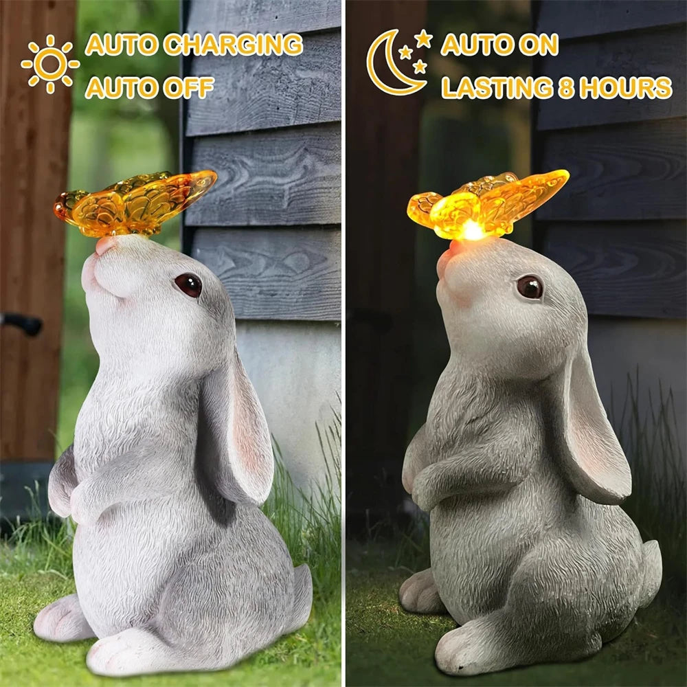 Solar Bunny Statue Garden Decor with Butterfly LED Light Resin Animal Sculpture Figurine Outdoor Decoration for Garden Courtyard