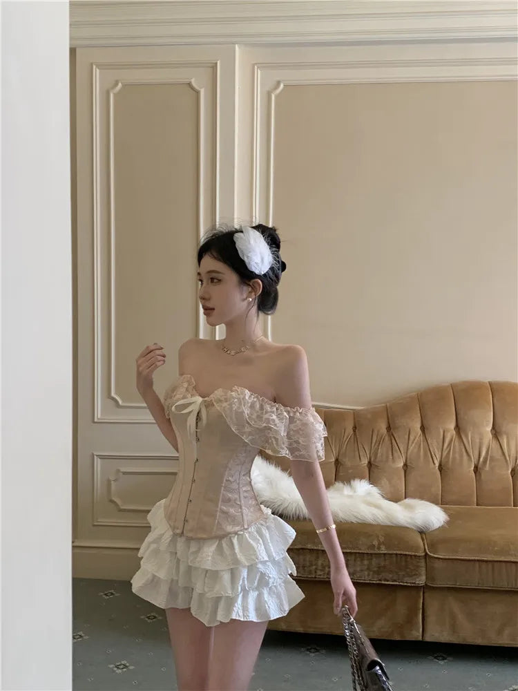 Palace Style Black Fashion Two Piece Sets Women Off Shoulder Lace Up Corset Shirt&Mini Cake Skirt 2025 New Summer 2 Piece Sets