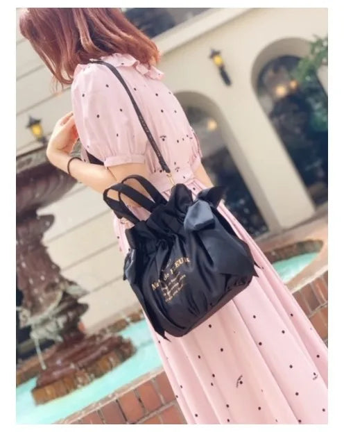 Japanese Style New Double-Sided Drawstring Bags Sweet Cute Girl Ladies Satin Bow Crossbody Shoulder Portable Handbag