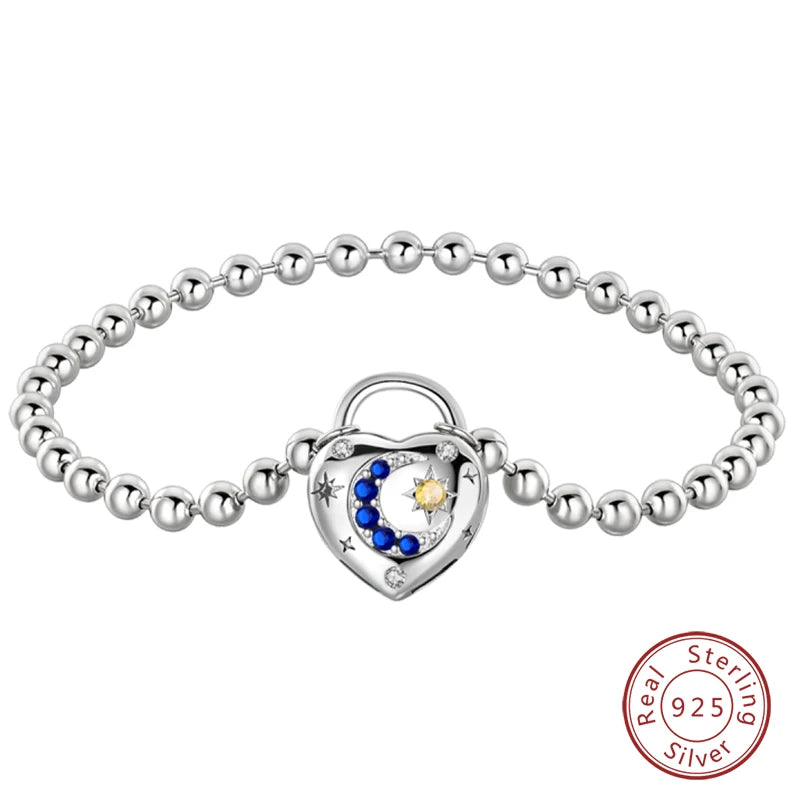 Original 17-20CM 925 Sterling Silver Heart Shaped Lock Star Moon Bracelet For Women Fine Anniversary Jewelry