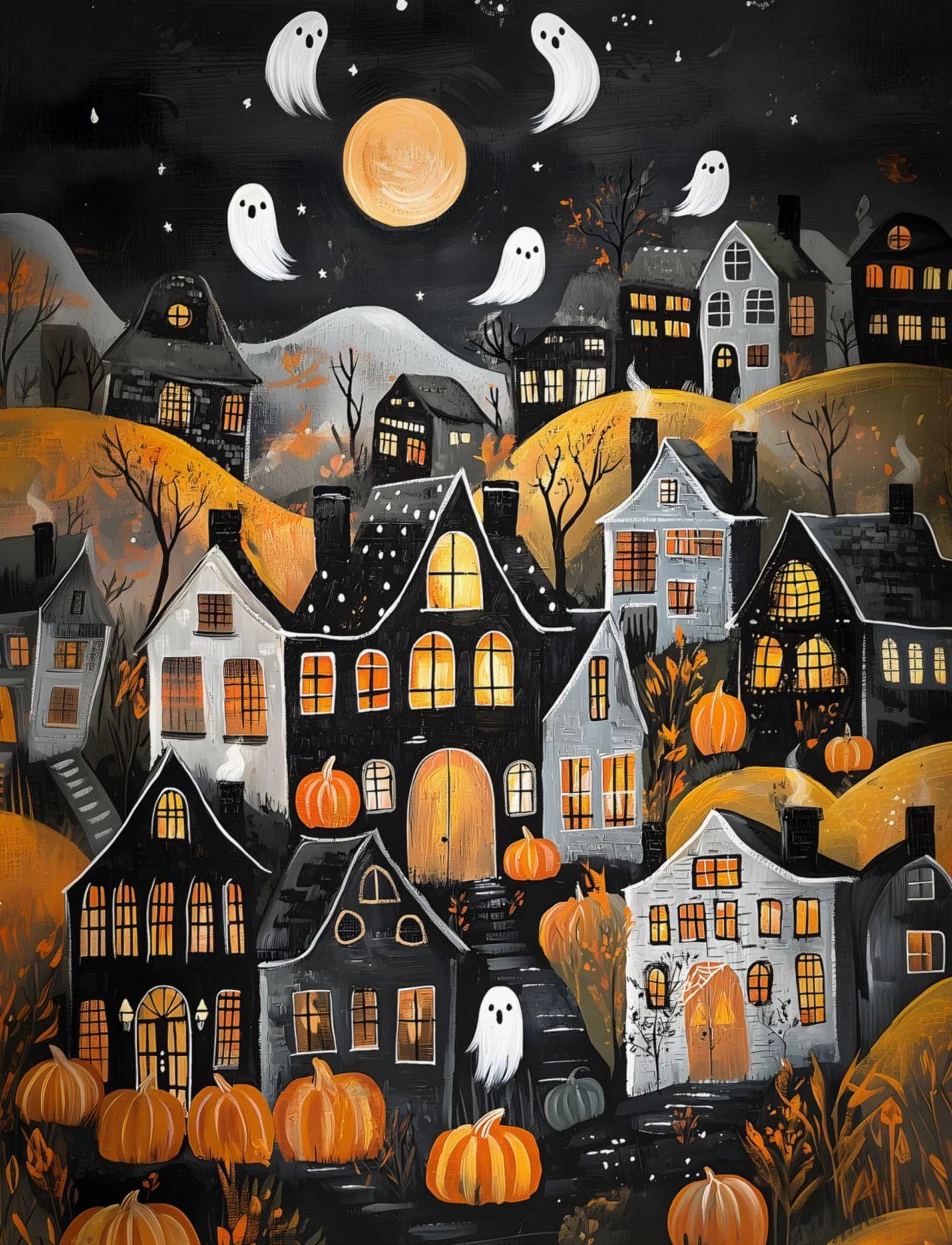 Spooky Halloween Town Folk Magical Forest Ghost Pumpkin Illustration Poster Canvas Painting Wall Pictures Holiday Home Decor