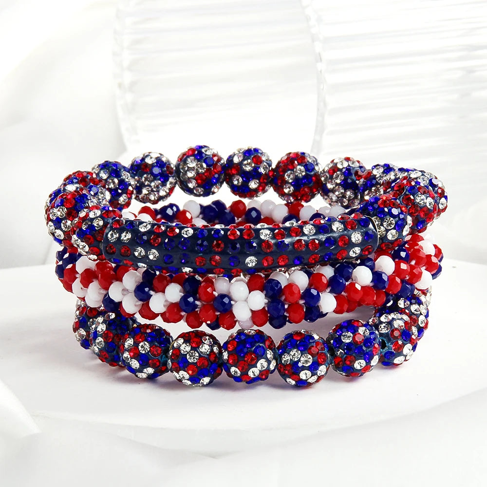 New American Independence Day 3pcs Stack Bracelet Set 10mm Red White Blue Mixed Rhinestone Ball Glass Beaded Elastic Bracelet