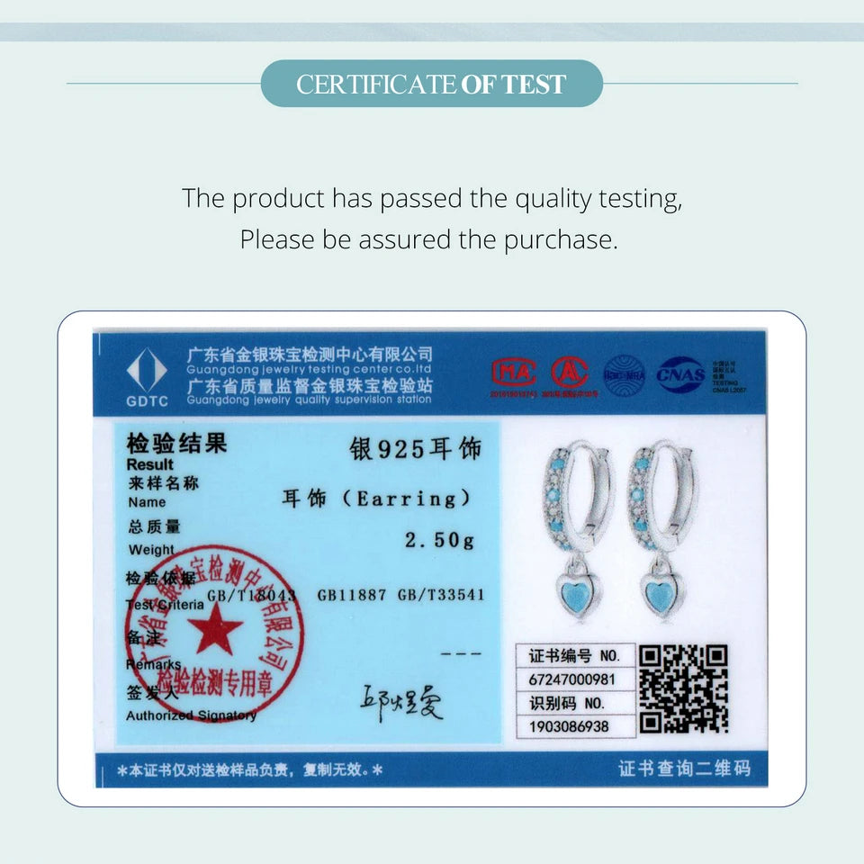 WOSTU 925 Sterling Silver Blue Heart-shaped Turquoise Hoop Earrings For Women Shiny CZ Drop Dangle Earrings Pendientes Jewelry