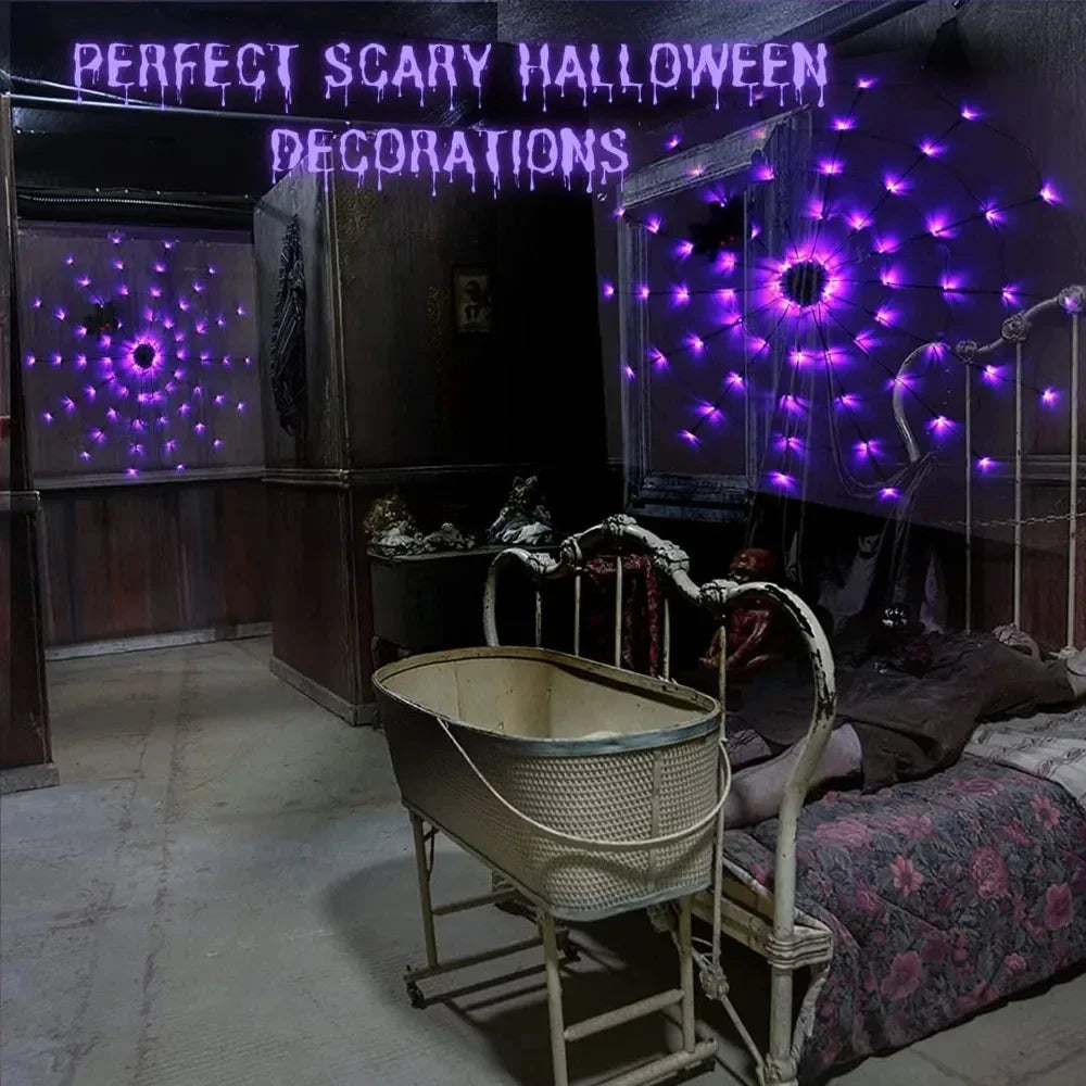 Halloween Window Decorations Purple Spider Web String Lights with 70 LEDs Battery Powered Remote Control 8 Modes for Party Decor