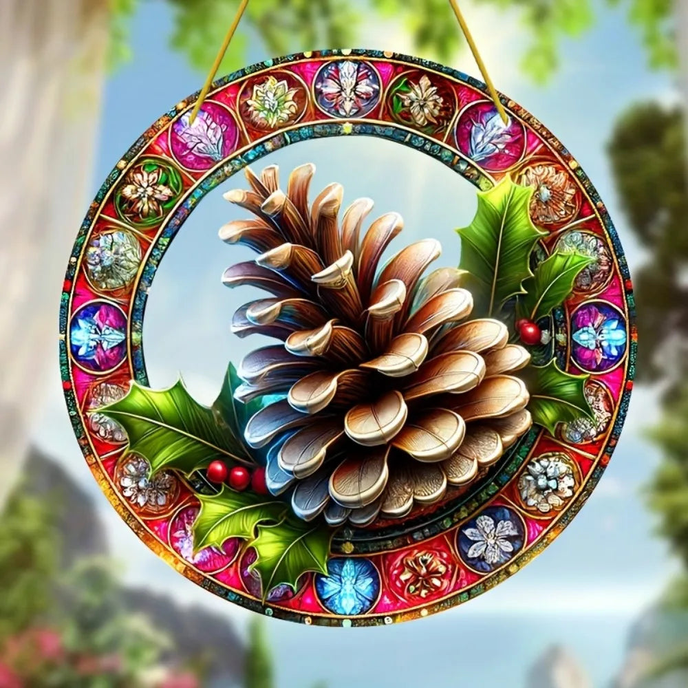 Flower Suncatcher, Stained Window Hanging, Acrylic Sign, Winter Decor, Round Sign, Wreath Sign, Wreath Center, Christmas Gift