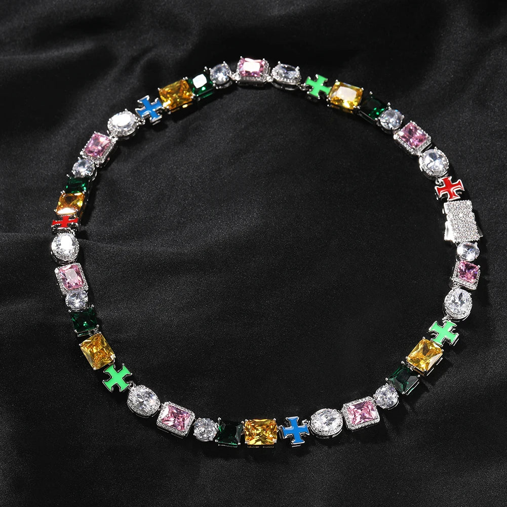 TBTK Colorful Gem Necklace Multi Color Oil Chain Iced Out 5A+ Colorful Cubic Zircon Luxury Bracelet Necklace Hiphop Jewelry