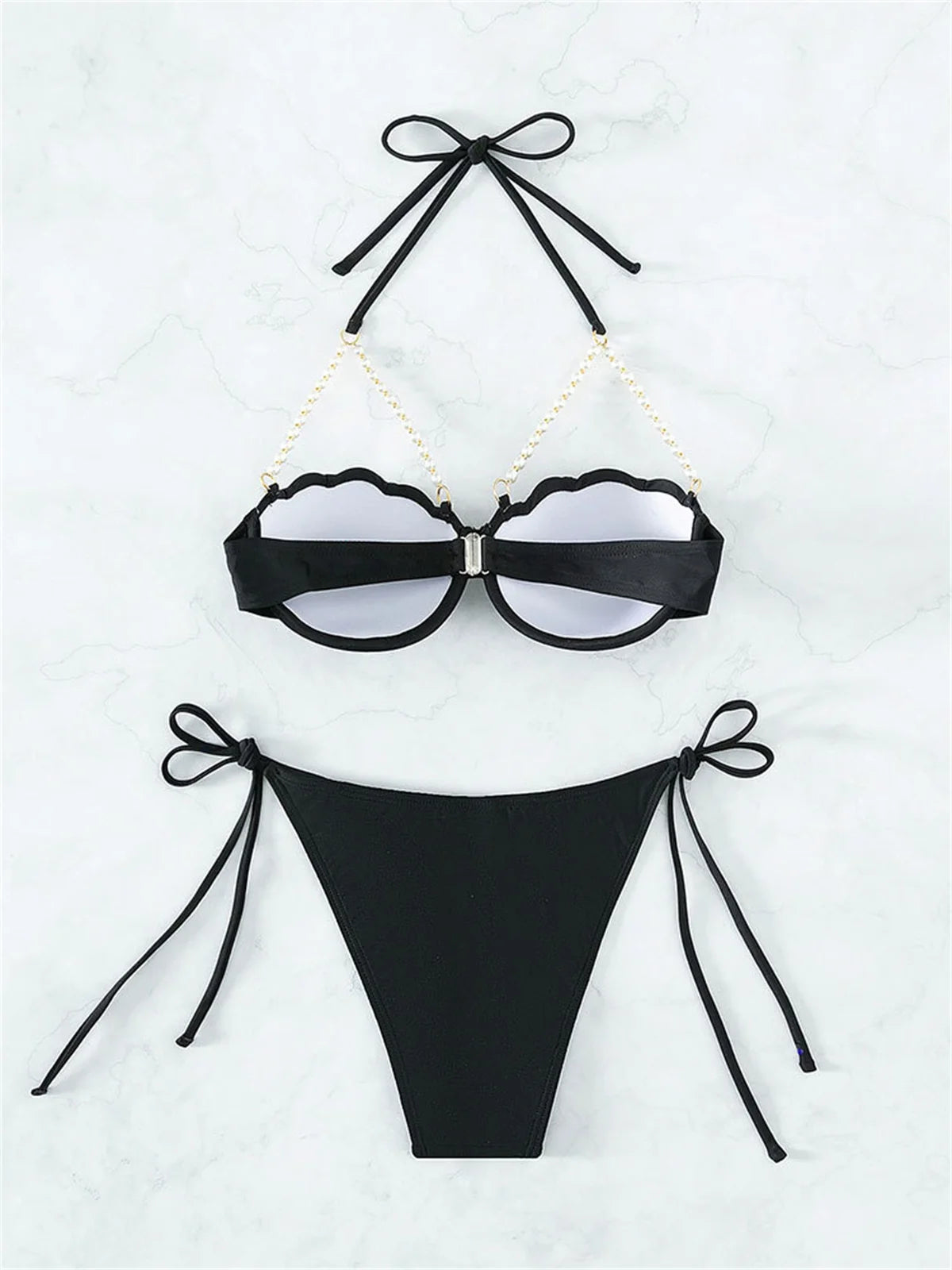 Sexy Shell Shape Underwire Bikini Tie Side Thong Bikinis Swimwear Women 2025 Black Pearls Strap Push Up Bathing Suit Swimsuit
