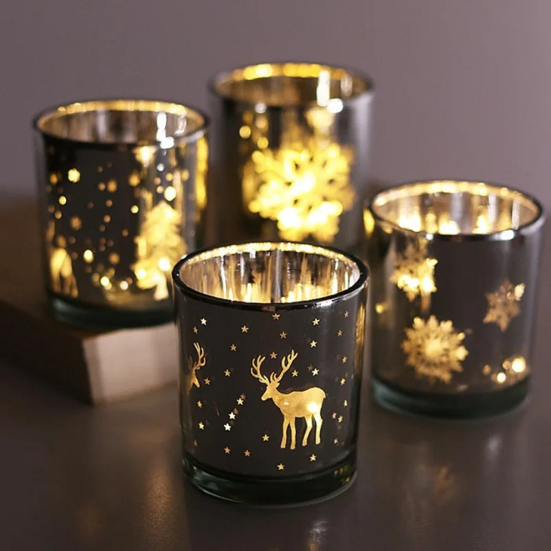 1pc Mini Christmas Tree Elk Candle Cup Snowflake Glass Candle Holder Christmas Gift Store Home Dining Table Decoration Ornament
