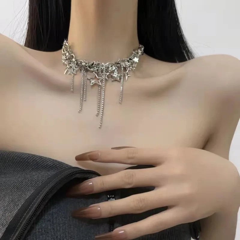 New Punk Style Necklace with Sparkling Zircon Studded Tassel Star Shaped Necklace Lightweight Luxury Necklace Jewelry ﻿Gifts