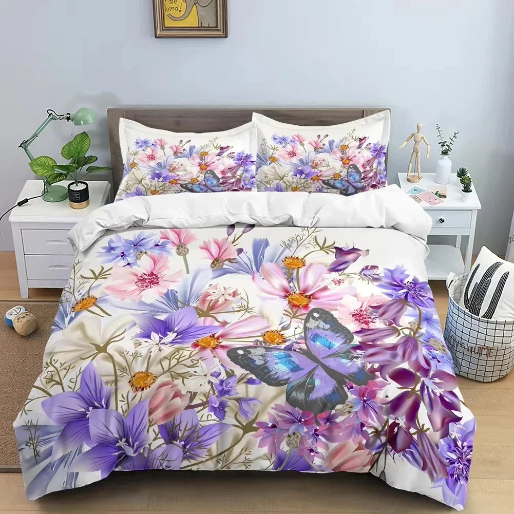 3D Butterfly Flowers Duvet Cover Luxury Home Bedding Set 3 Piece Set with 2 Pillowcases Zipper Family Colleague Christmas Gift