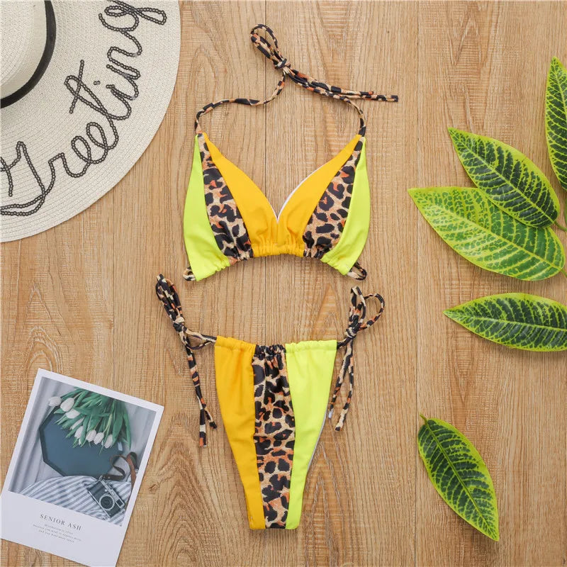 Bikini 2025 Sexy Women 3 Colour Patchwork Leopard Swimwear Swimsuit Halter Female Beach Bikinis Set Bathing Suit Banadores Mujer