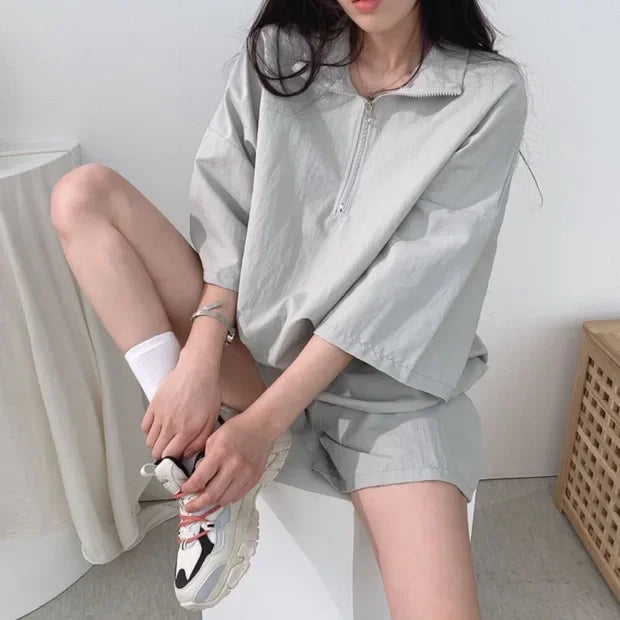 Korean Style Women's Summer Casual Sports Sun Protection Suit Two-Piece Set Workwear Jacket Shorts Polyester Fiber