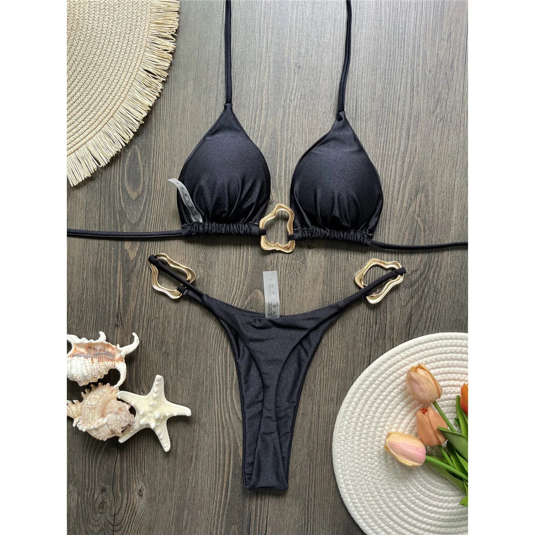 Shiny Metal Ring Halter Mini Thong Bikini Women Swimwear Female Swimsuit Two-pieces Bikini set Bather Bathing Suit Swim V6438