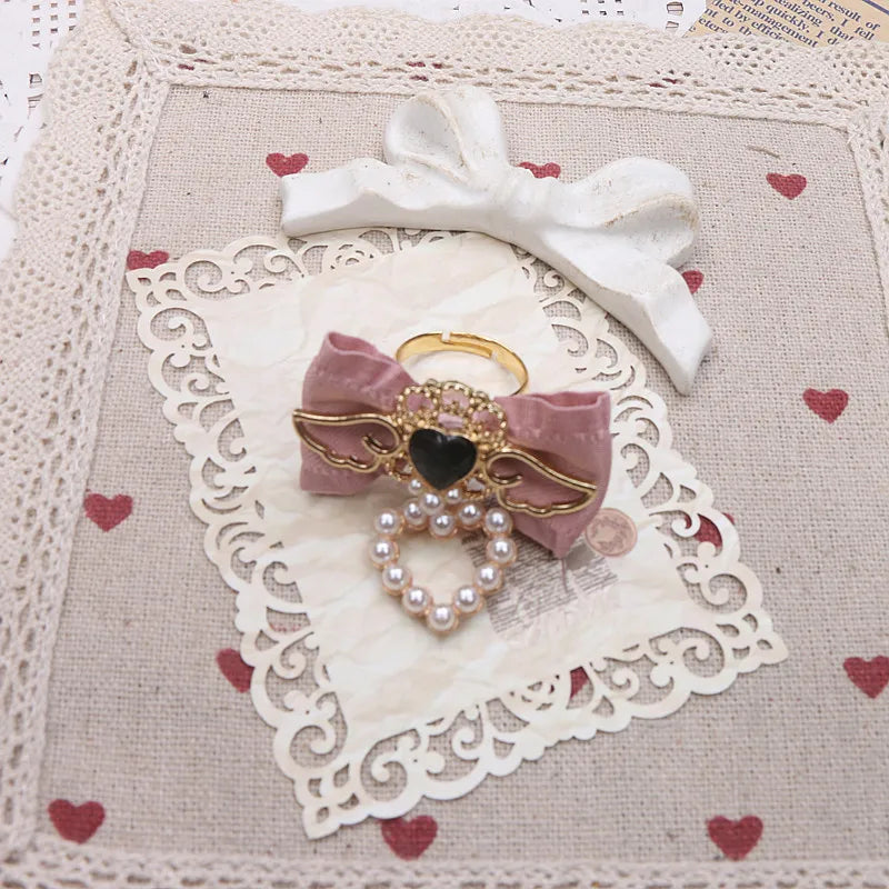 Unique Handmade Women's Rings Lolita Gothic Accessories Sweet Cute Wings Bow with Heart Pendant Jirai Ring for Y2K Girl