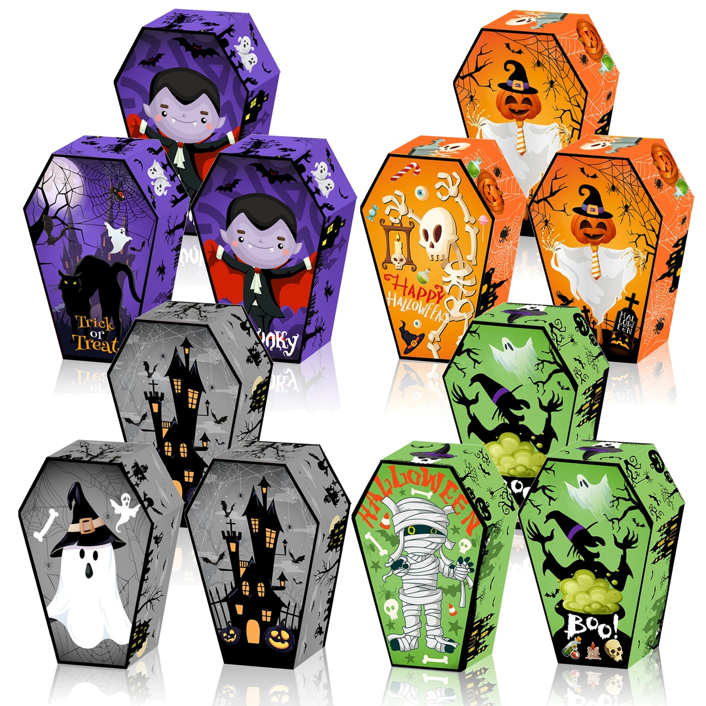12pcs Halloween Coffin Shape Snack Box Skull Bat Ghost Goodie Boxes for Happy Halloween Party Decor Supply Trick or Treat Box