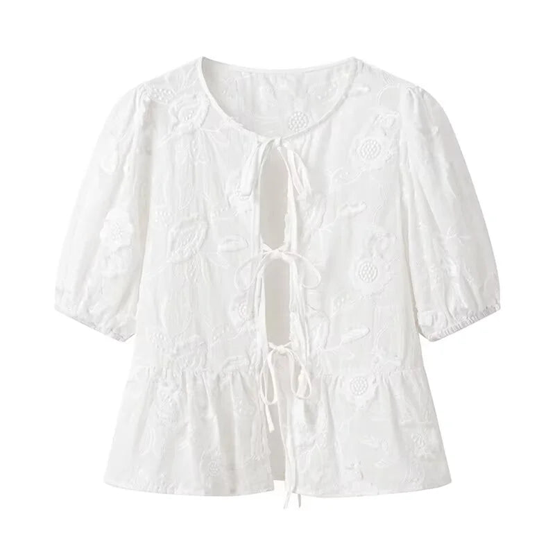 Lamuusaa Babydoll Tops Women y2k Clothes Floral Embroidery Round Neck Puff Short Sleeve Shirts Elegant White Blouses Streetwear
