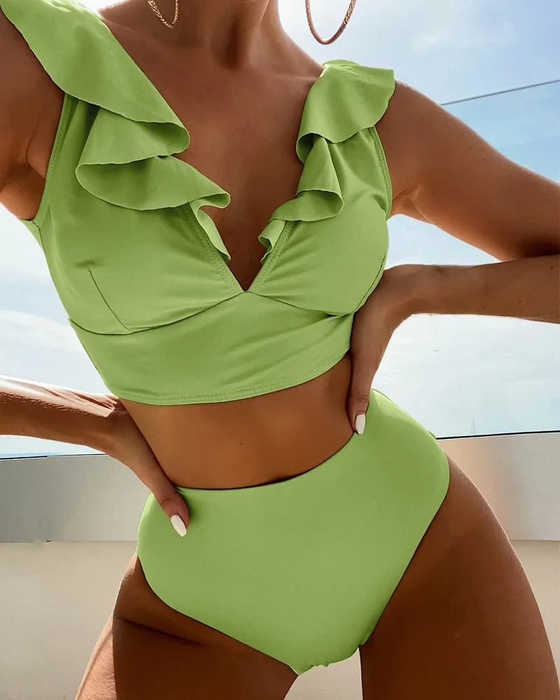 Solid Color Sexy V-neck Ruffle Bikini 2024 Women 2 Piece Swimwear Push Up Padded High Waist Swimsuit Summer Beach Bathing Suit