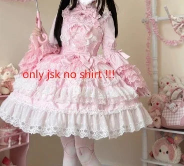 Super Fairy Lolita Dress Set New Spring and Autumn Sweet Girl Women's Flower Lace Bow Shirt Princess Jsk Suspender Dress