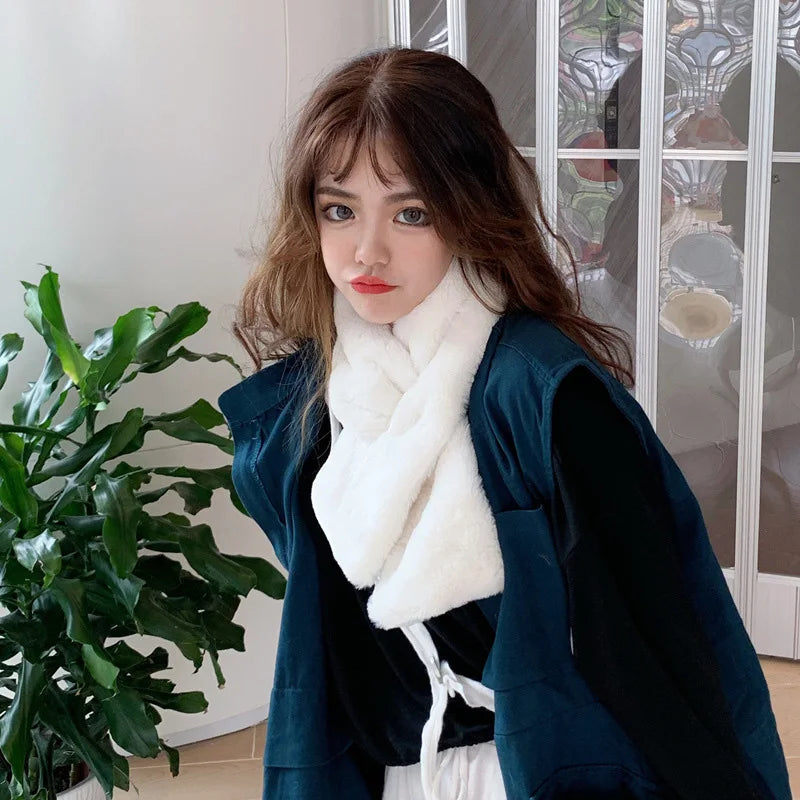 FAITOLAGI Korean Winter Faux Rabbit Fur Women Scarf Soft Plush Snood Scarves Solid Color Neck Collar Warmer Stuff Christmas Gift