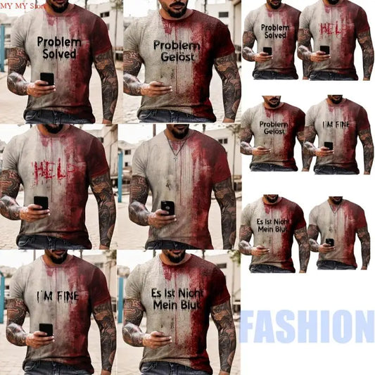 Men's Short Sleeve T-Shirt Digital Printed Design Problem Solved Letter Bloody Pattern Halloween Party Costume