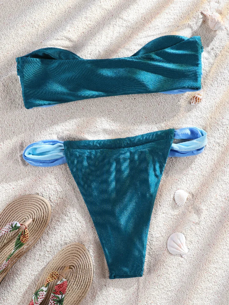 ZRTAK Beige Off Shoulder Solid  Swimsuit Push Up Bikinis 2025 Bathing Suit Sexy Bikini Sets Swimwear Mujer Beachwear Biquinis
