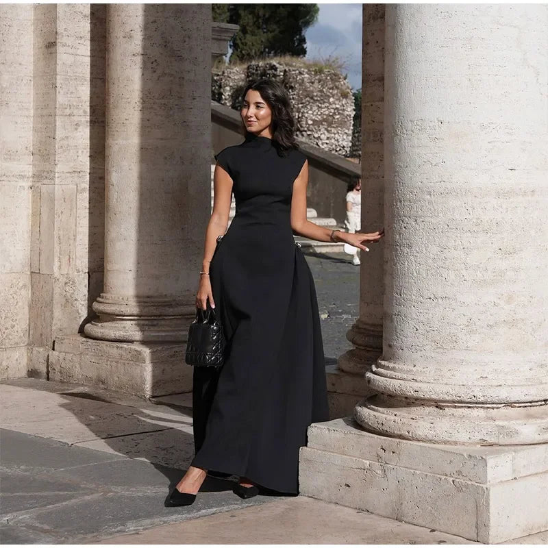 Vintage Brown Long Dress Women's Elegant Loose Diagonal Neck Black Metal Buckle Maxi Dresses Female 2025 Summer Evening Party