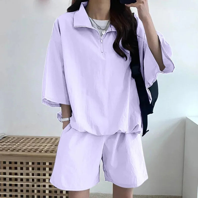 Korean Style Women's Summer Casual Sports Sun Protection Suit Two-Piece Set Workwear Jacket Shorts Polyester Fiber