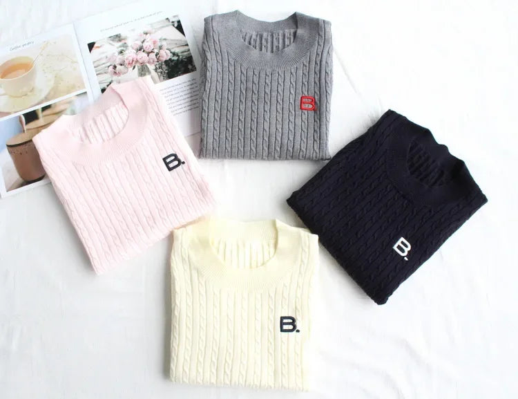 Japanese New Spring Ladies Sweet Bubble Short Sleeve Twist Knitted Top Sweater Letter Embroidered Pure Color Women's T-shirt