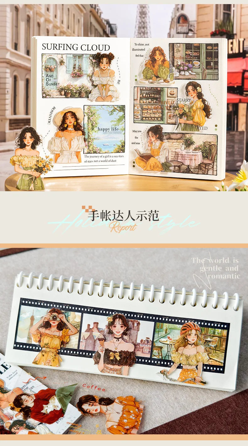 18Pcs PET Sticker Book Holiday Style Decorative Character pack Girls Bottom Daily Stationery Background Scrapbook cut 160*105mm