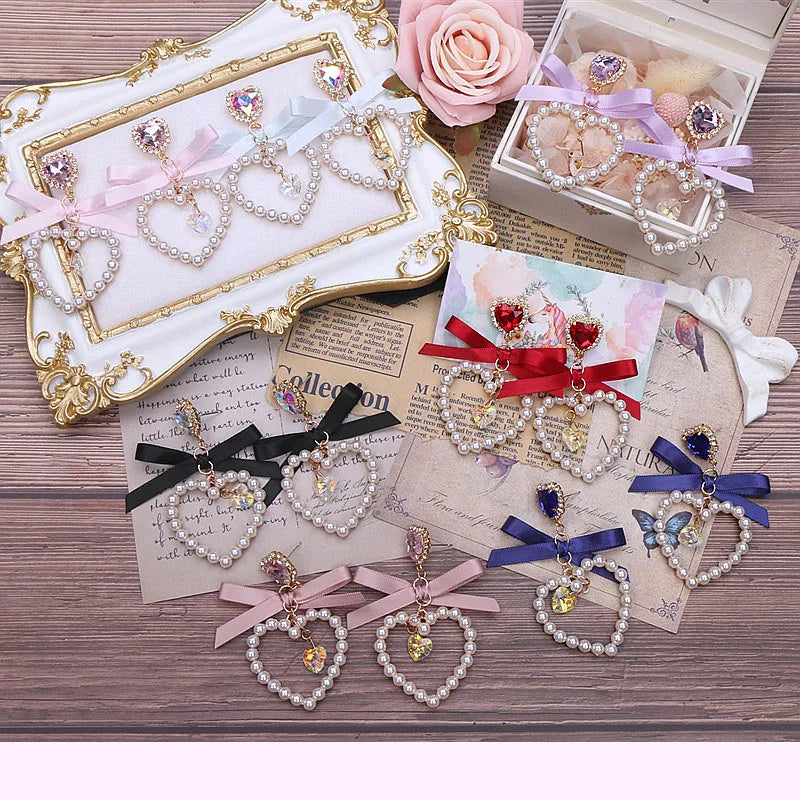 Dainty Japanese Style Women's Bow Earing Sweat Pearl Heart Earings Rhinestone Pendant Heart Earrings Accessories for Girl