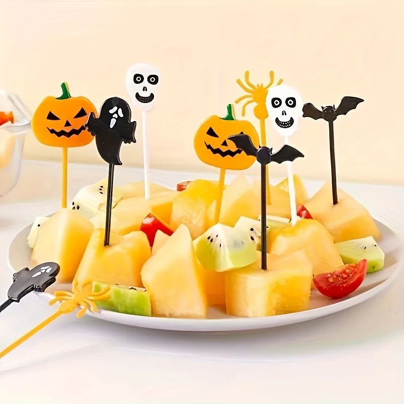 10/30/40PCS Plastic Halloween Toothpicks Halloween Cupcake Topper Ghost Bat Spider Fruit Toothpicks Halloween Party Cake Decorat