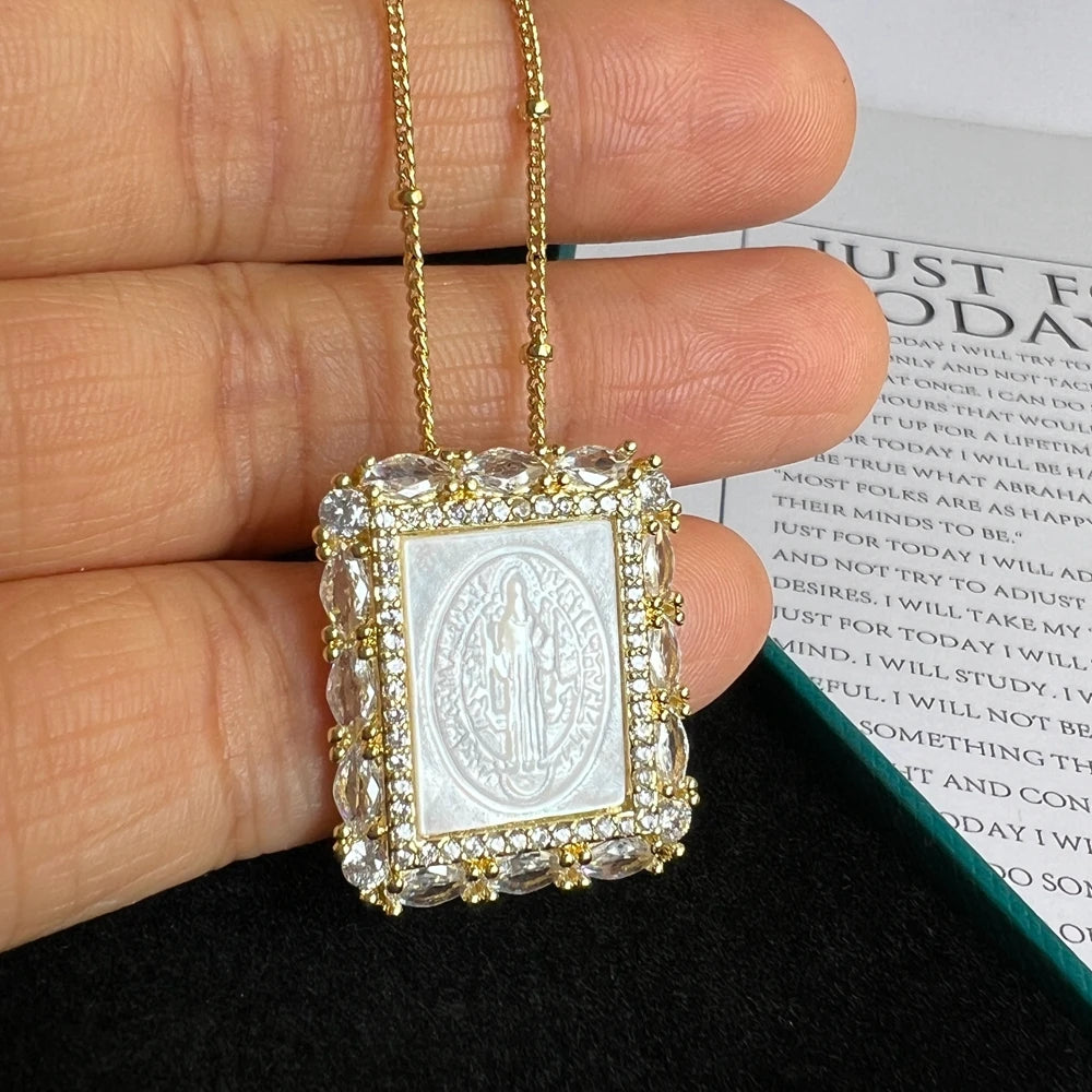 Natural Mother Pearl Shell Virgin Mary Guadalupe San Benito Charm Necklace Rectangle Religious Medals Necklace for Women & Gift