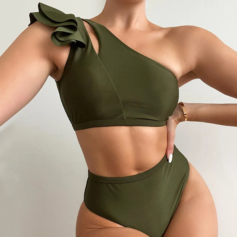 One Shoulder Bikinis 2025 Women Ruffle Swimsuit Solid High Waist Swimwear Female Padded Bathers Bathing Swimming Suit Beachwear