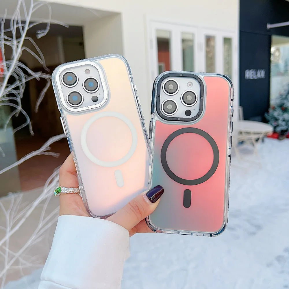 Stylish Metal Lens Magnetic Phone Case for IPhone 17 16 15 14 13 12 11 Pro Max Plus MagSafe Wireless Gradual Change Color Cover