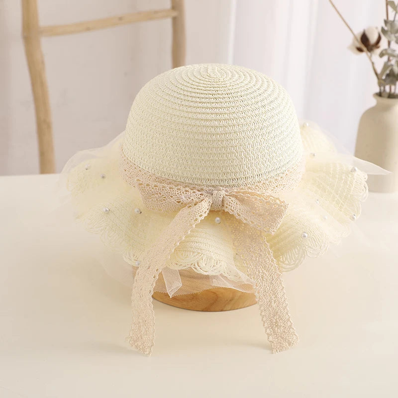 Kids Girls Wide Brim Straw Woven Cap Sun Protection Beach Hat Lace Pearl Summer Floppy Bucket Cap Portable Handbag панама