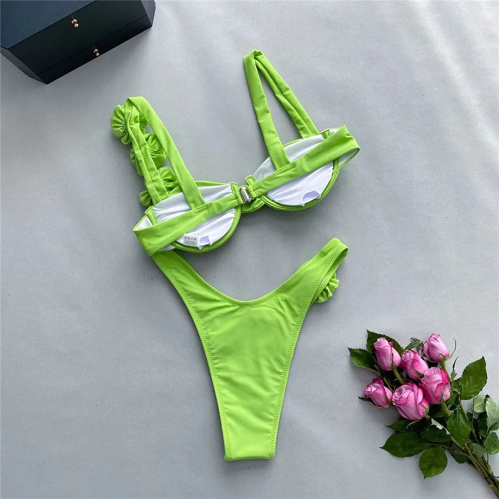 Sexy 3D Flower Rose Red Push Up Bikinis Sets Woman Swimsuit 2025 High Leg Cut Swimwear Underwire Bathing Suit Micro Bikini Mujer
