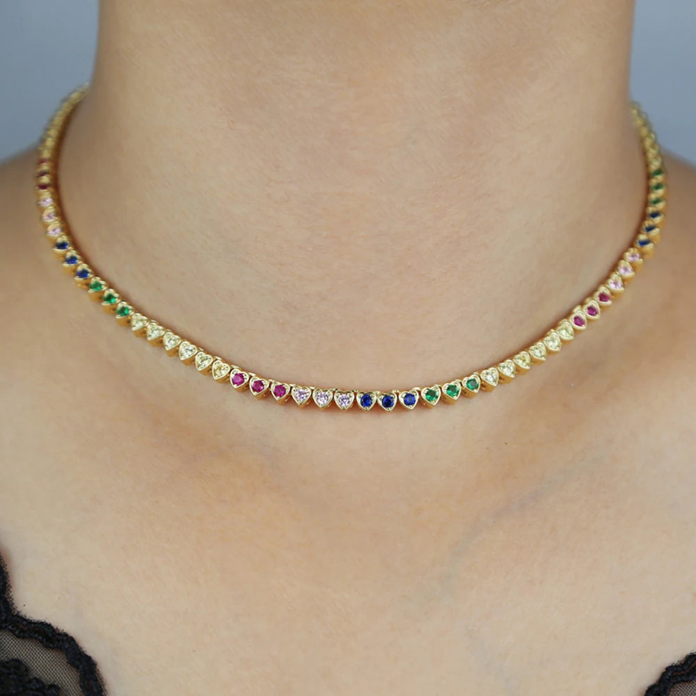 2024 New Rainbow CZ Heart Charm Necklace Gold Color Zircon Tennis Chain Asymmetric Hearts Choker Women Hip Hop Fashion Jewelry