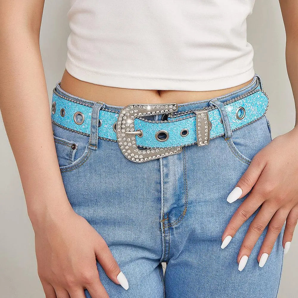 Glamorous New Goth Rhinestone PU Leather Belts - Unisex Fashion for Jeans with Western Cowboy Y2K Edge