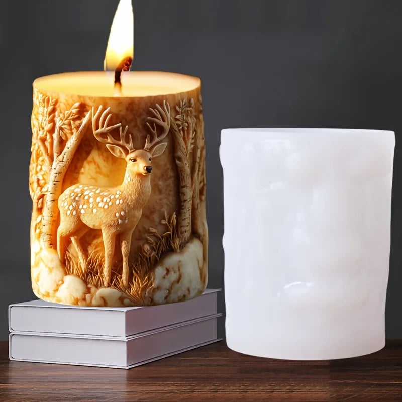 DIY elk relief cylindrical candle silicone mold sika deer flower relief resin mould Forest sika deer gypsum molds Christmas gift